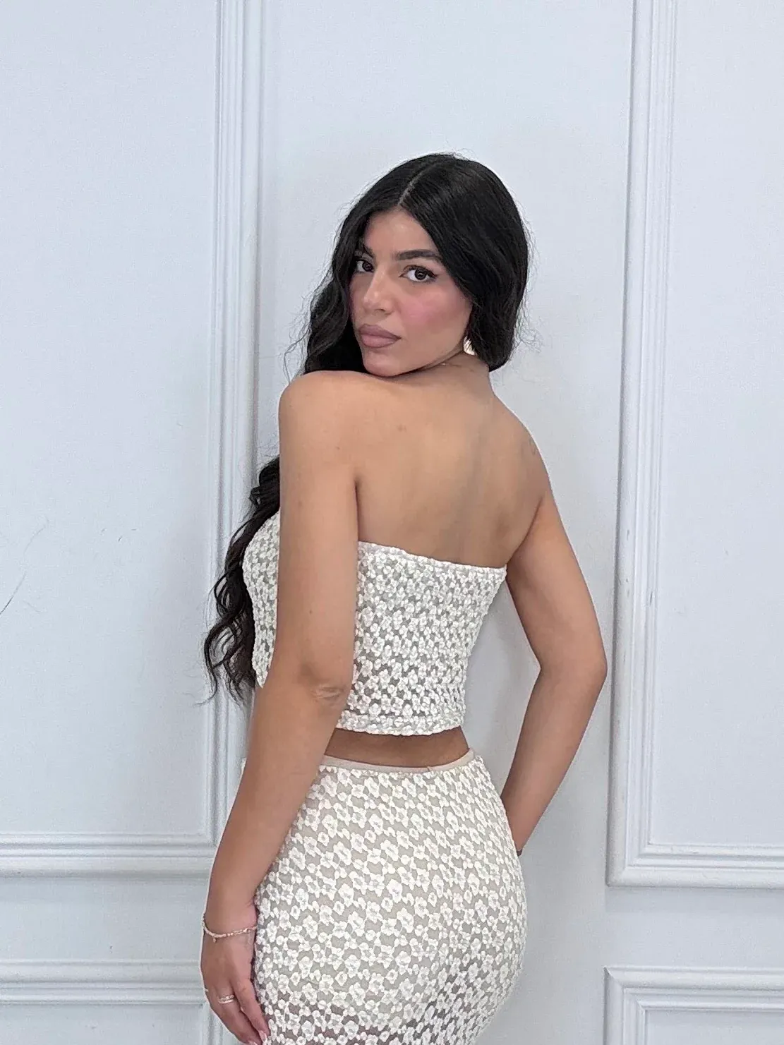 Crochet Front Bow Crop Top - Beige