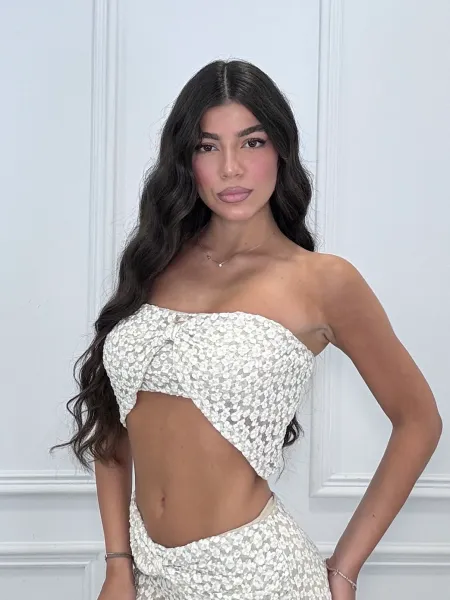 Crochet Front Bow Crop Top - Beige