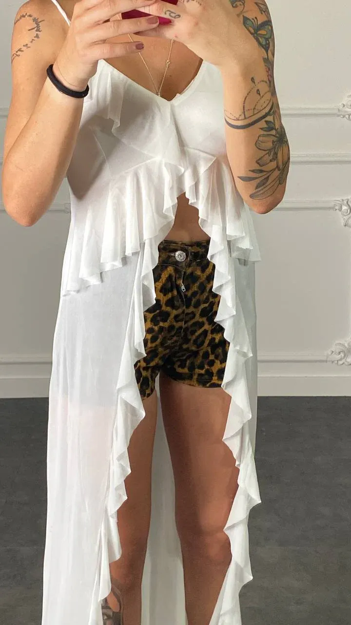 Ruffled Sheer Longline Top - White
