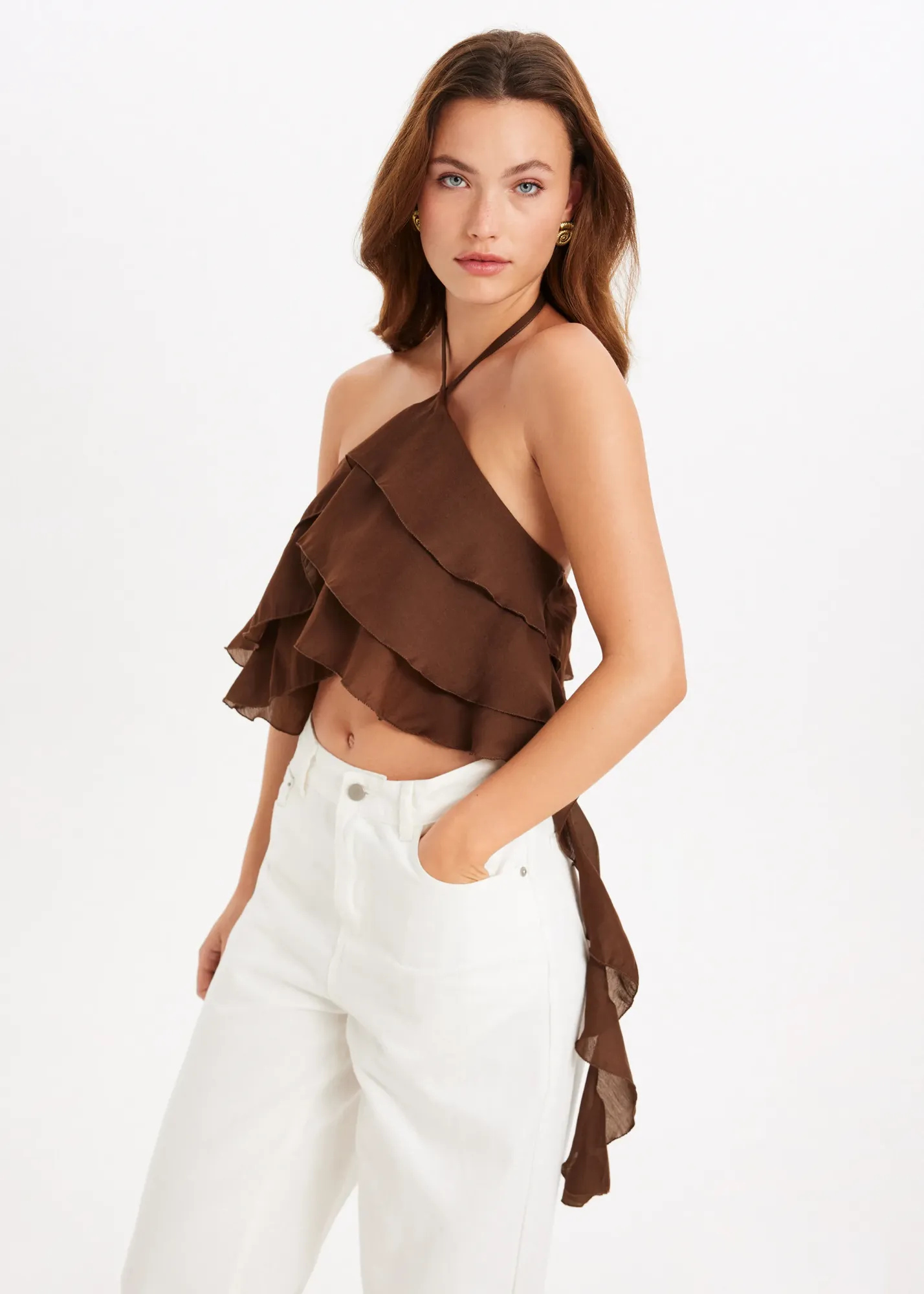 Asymmetric Ruffled Top - Brown