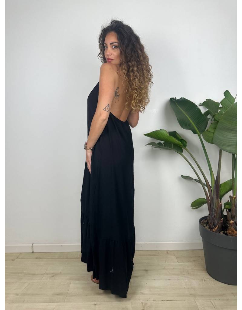 Maxi Dress with Pearled Neckline - Black