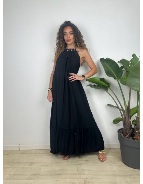 Maxi Dress with Pearled Neckline - Black