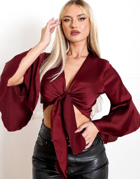 Satin Tie-Front Bell Sleeve Crop Top - Beige