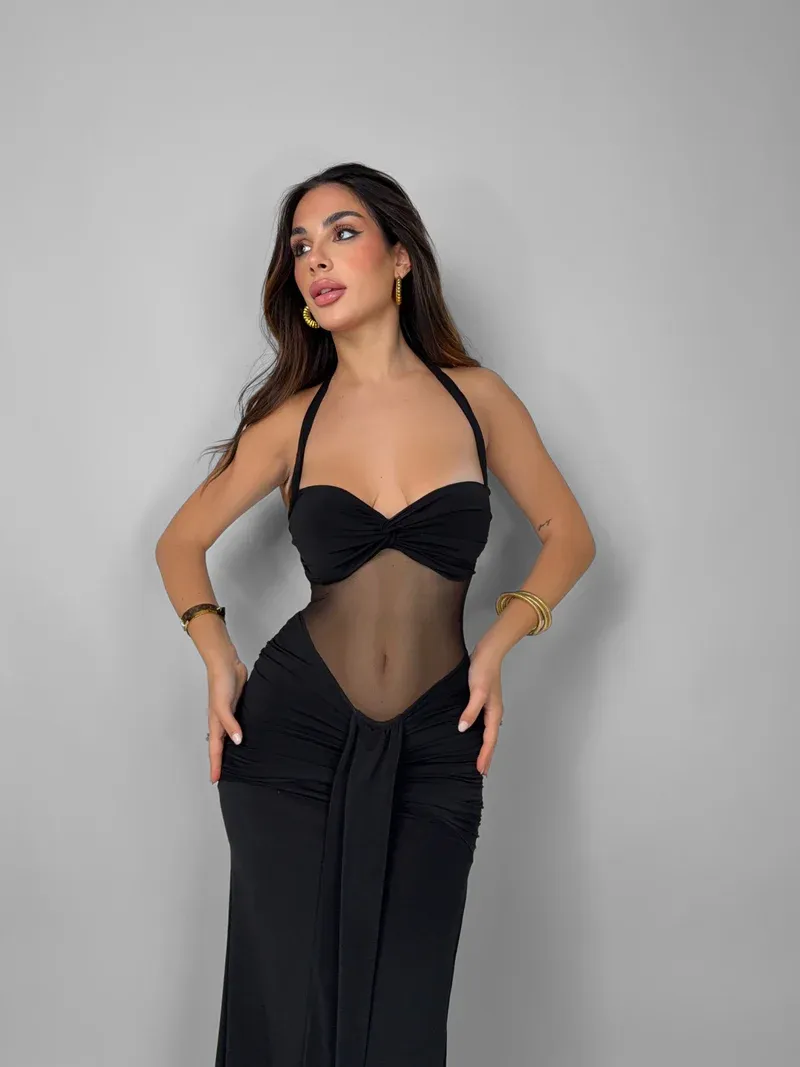 Sheer-Insert Maxi Dress with Side Slit - Black