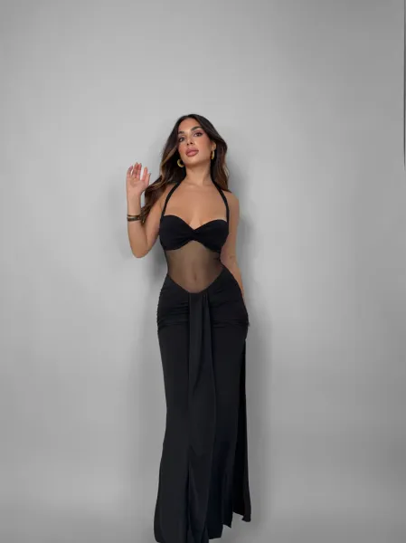 Sheer-Insert Maxi Dress with Side Slit - Black