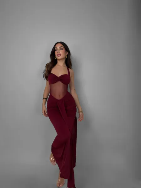 Sheer-Insert Maxi Dress with Side Slit - Bordeaux