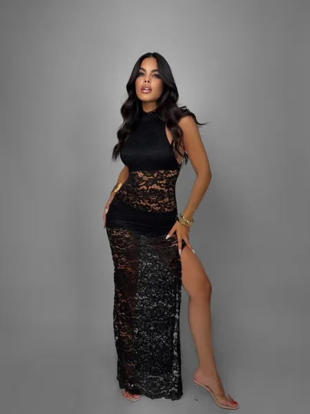 Lace High-Slit Maxi Dress with Gold Accents - Black