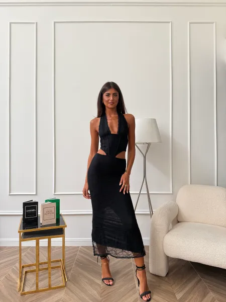 Halter Cutout Maxi Dress with Lace Trim - Black