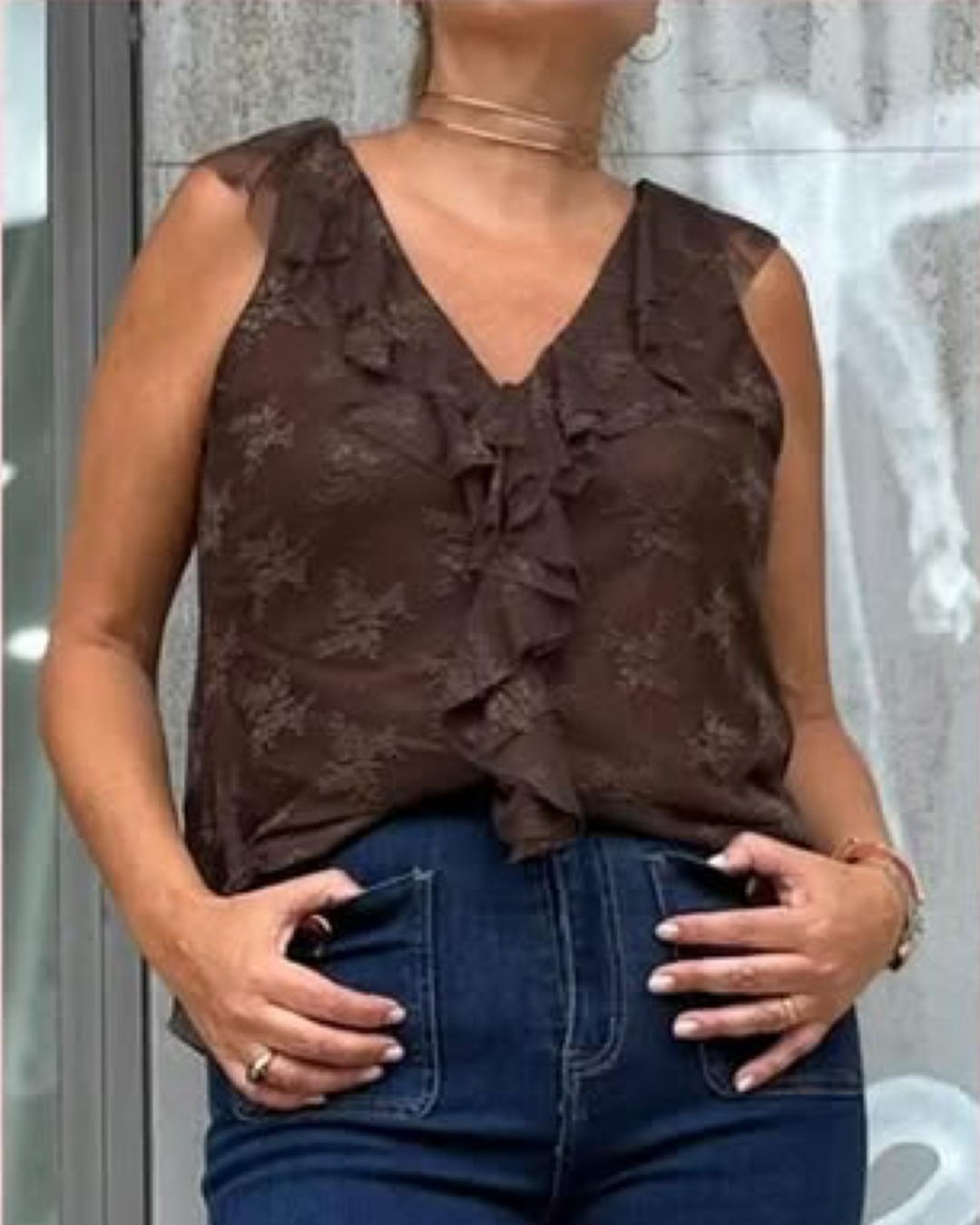 Ruffled Lace Top - Brown