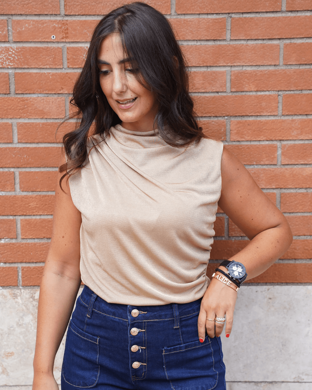 Shoulder Padded Top - Beige