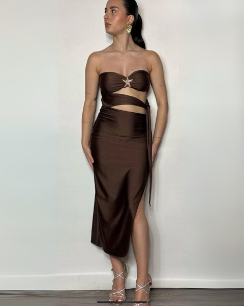 Cut-Out Midi Dress with Gold Star Accent - Brown