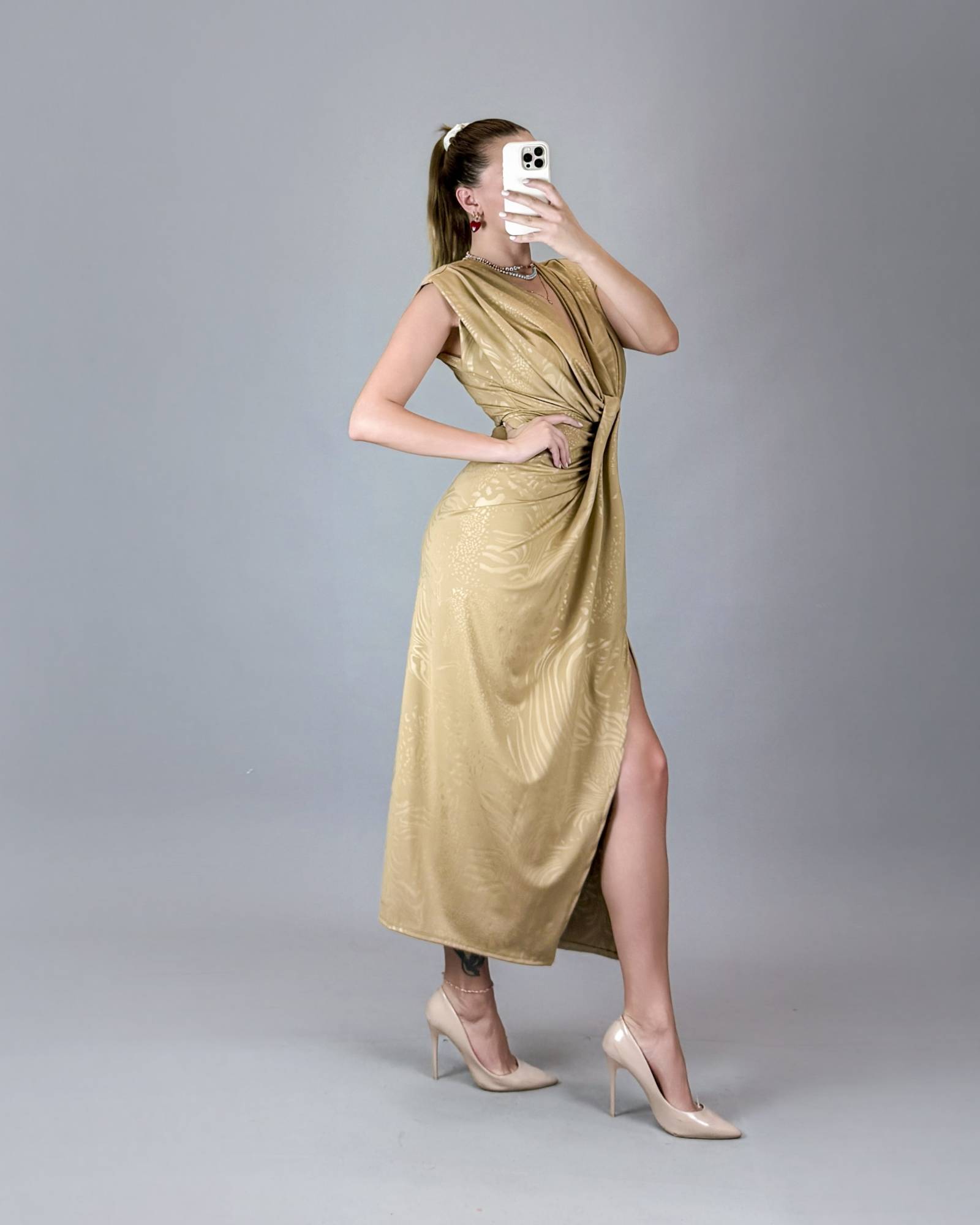 Patterned Deep Plunge Midi Dress - Beige