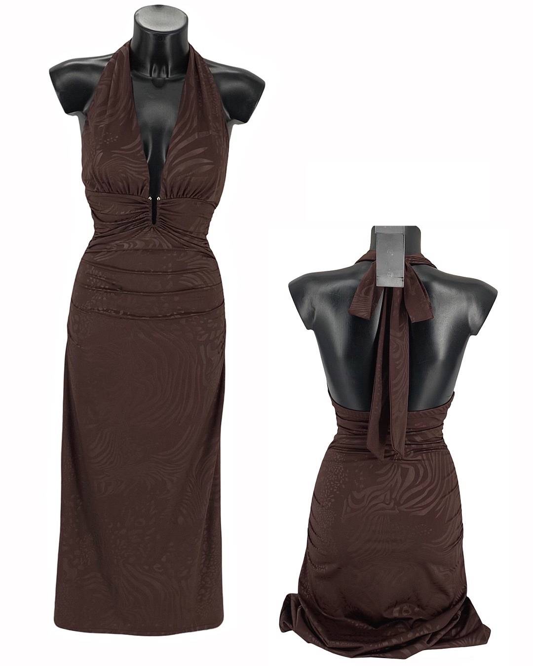 Patterned Halter Maxi Dress - Brown