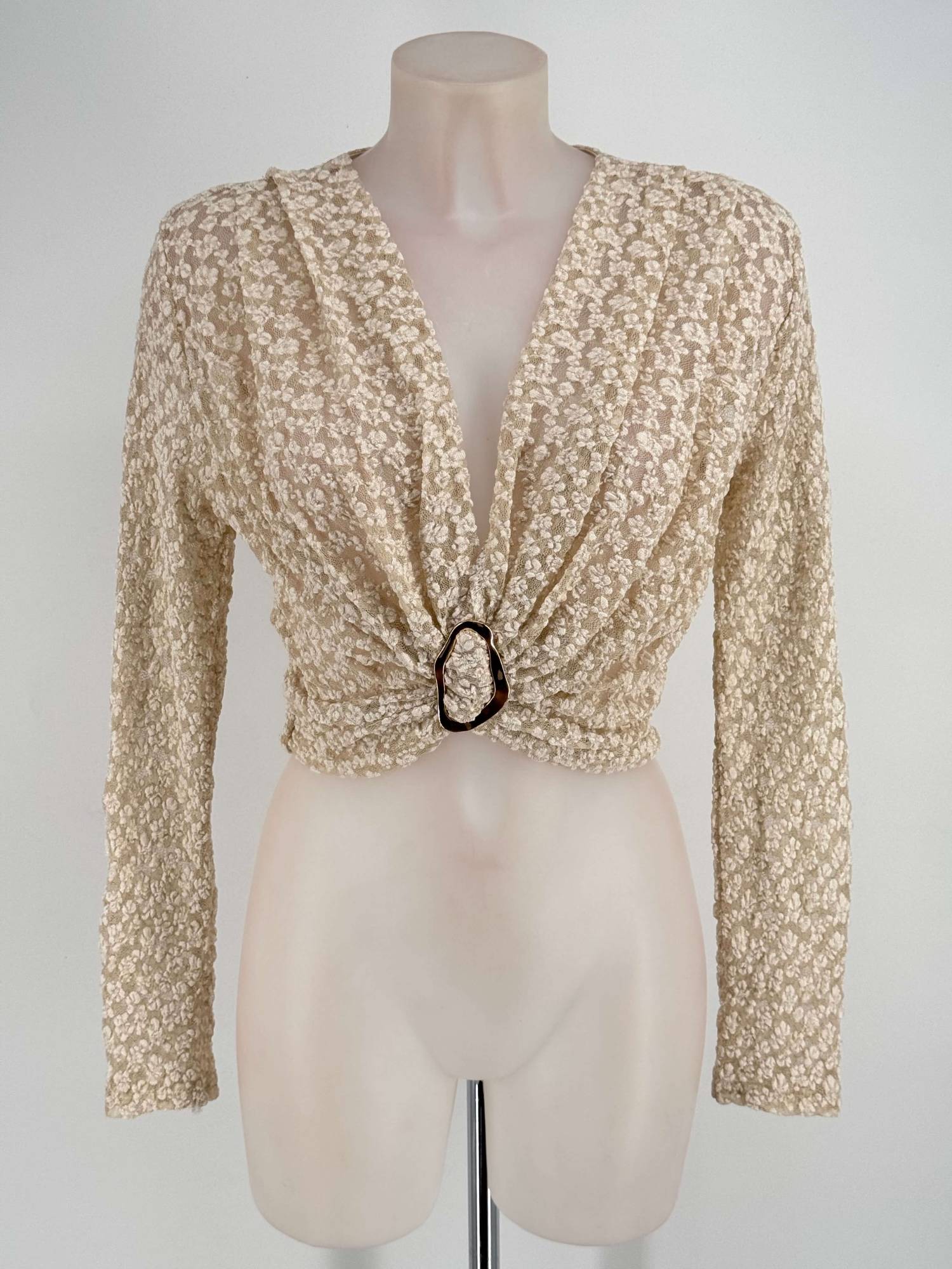 Lace Long-Sleeve Top with Gold Accent Detail - Beige