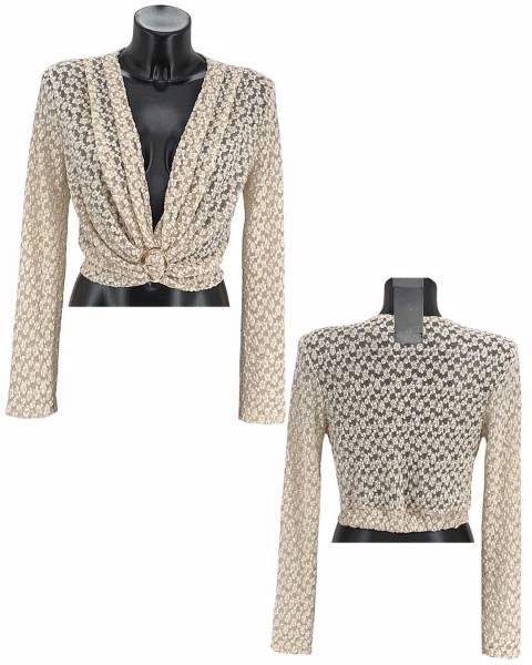 Lace Long-Sleeve Top with Gold Accent Detail - Beige