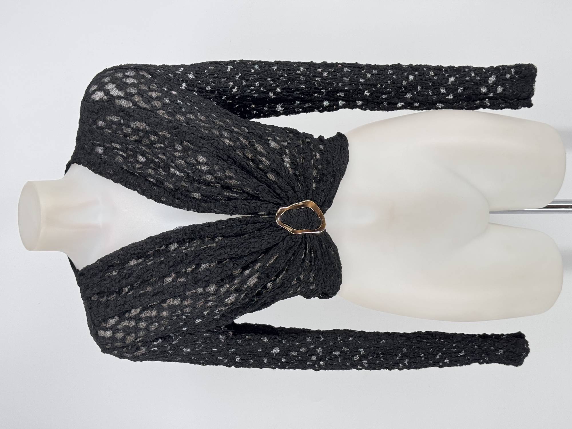 Lace Long-Sleeve Top with Gold Accent Detail - Black
