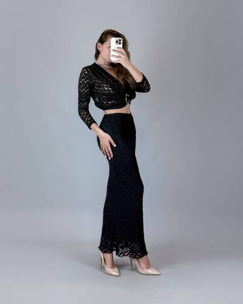 Lace Long-Sleeve Top with Gold Accent Detail - Black