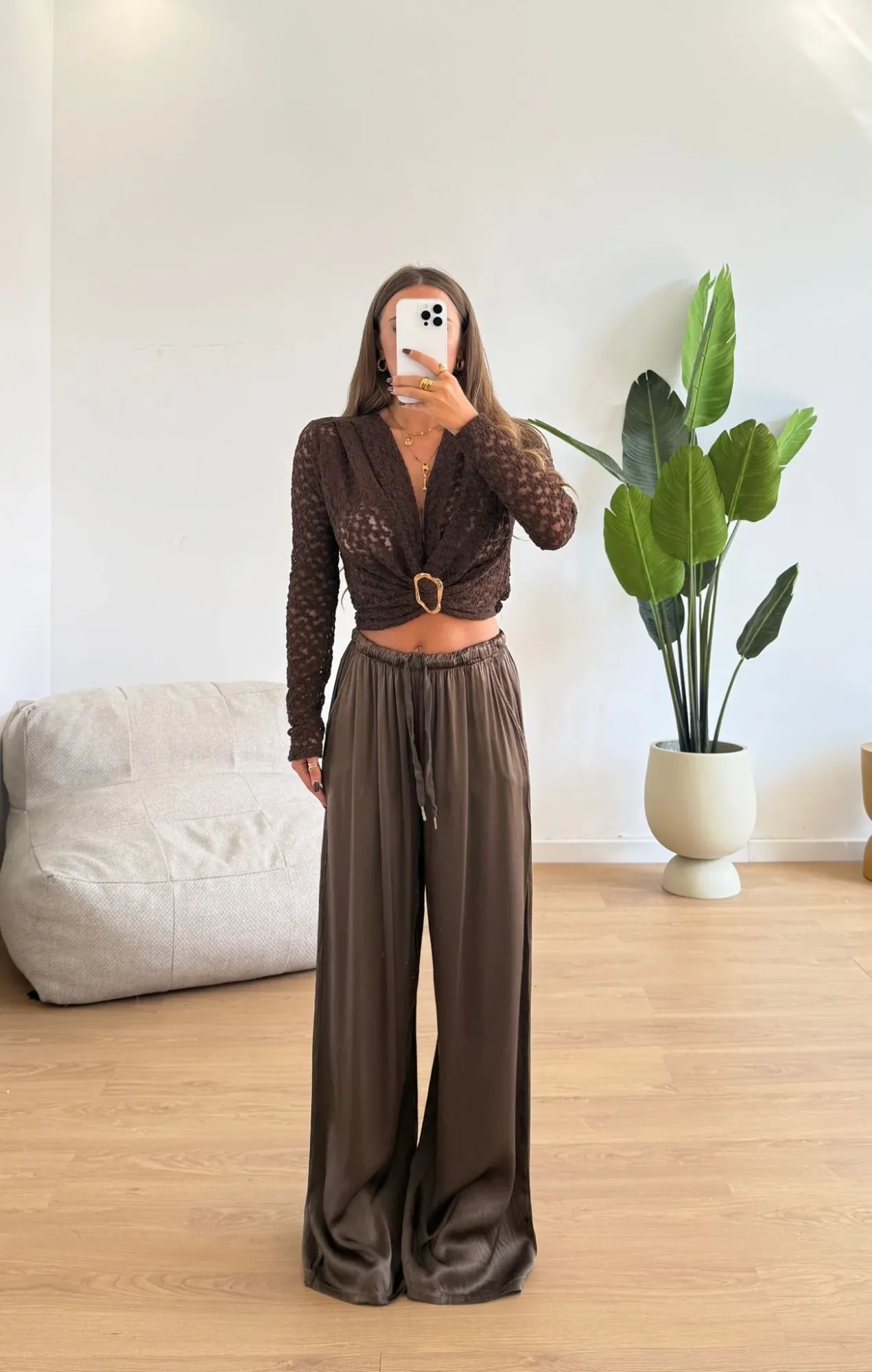 Lace Long-Sleeve Top with Gold Accent Detail - Brown