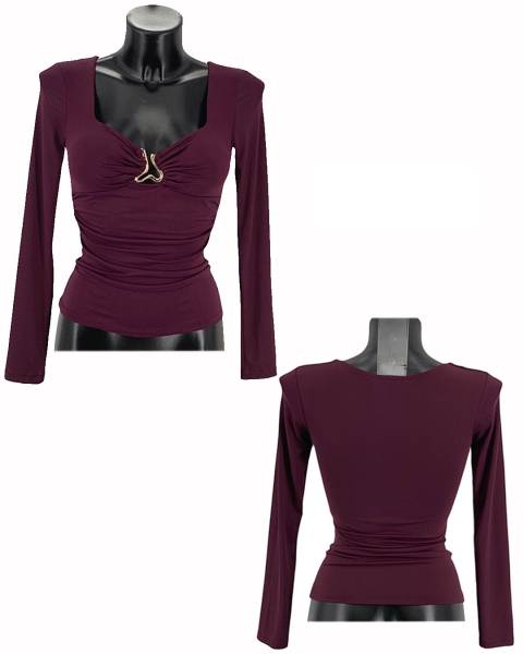 Long-Sleeve Ruched Top with Gold Accent - Melanza