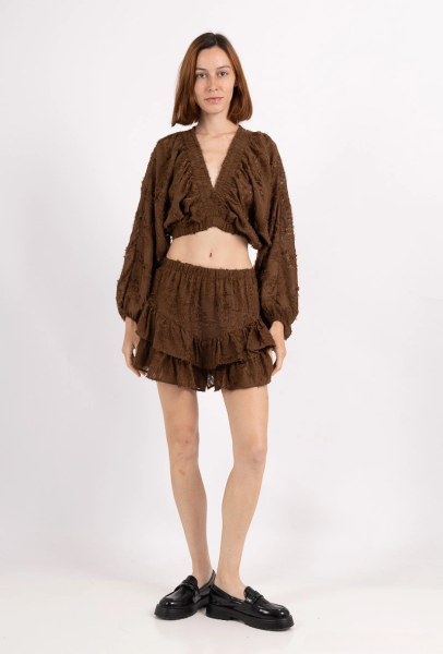 Bohemian Frayed Crop Blouse - Brown