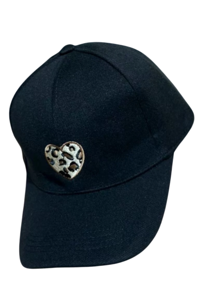Leopard Heart Embroidered Cap - Black
