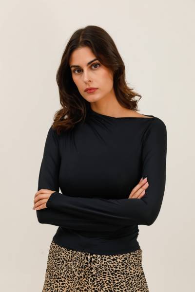 Asymmetrical Draped Long-Sleeve Top - Black