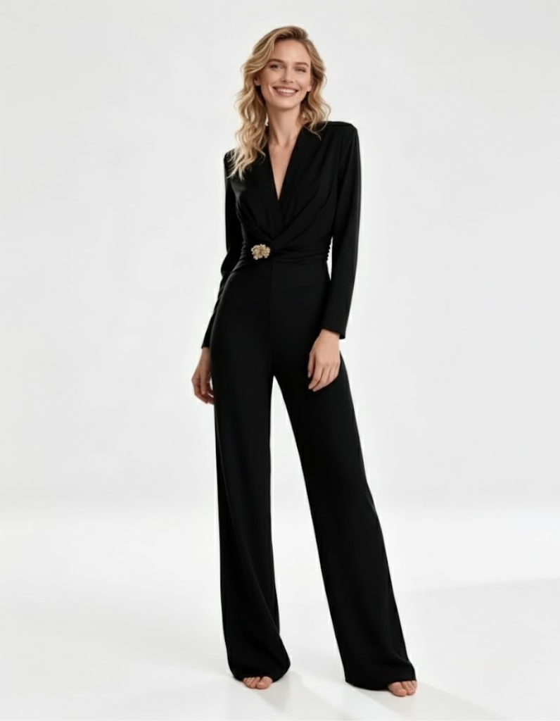 Long Sleeve Jumpsuit with Gold Brooch Detail - Black