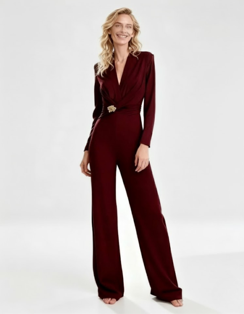 Long Sleeve Jumpsuit with Gold Brooch Detail - Bordeaux