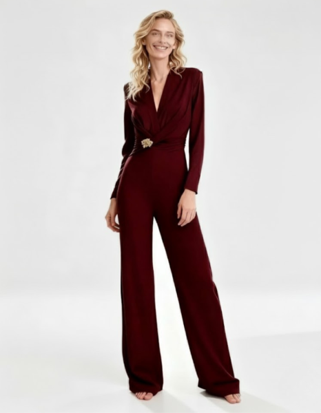 Long Sleeve Jumpsuit with Gold Brooch Detail - Bordeaux